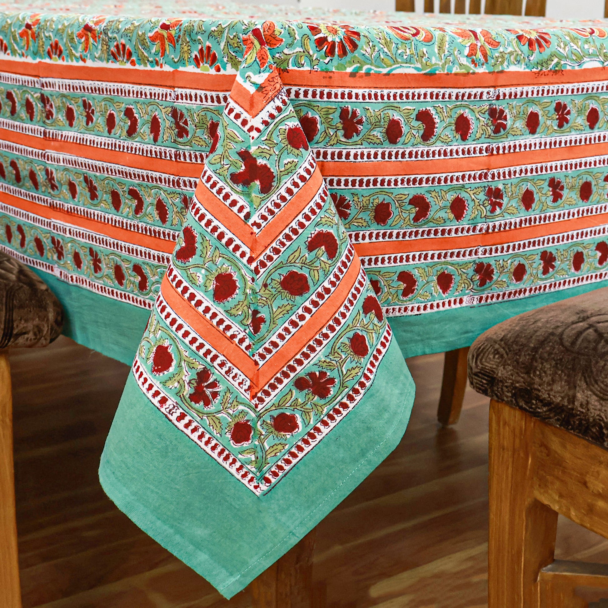 Green Red Floral Indian Hand Block Printed 100% Cotton Tablecloth - My Store