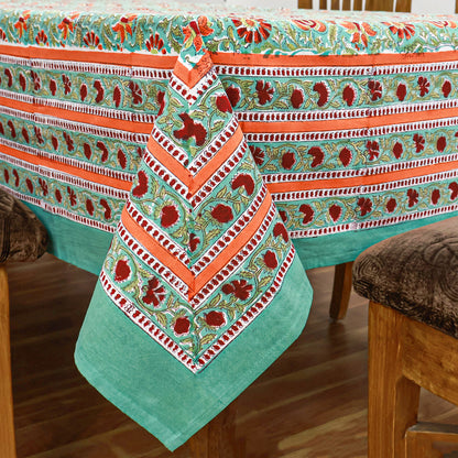 Green Red Floral Indian Hand Block Printed 100% Cotton Tablecloth - My Store