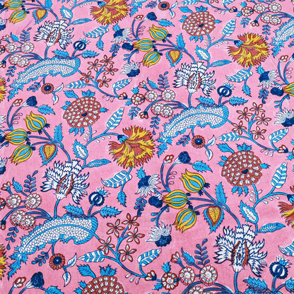 Pink Floral Block Printed Cotton Tablecloth Rectangle Table Cover - My Store