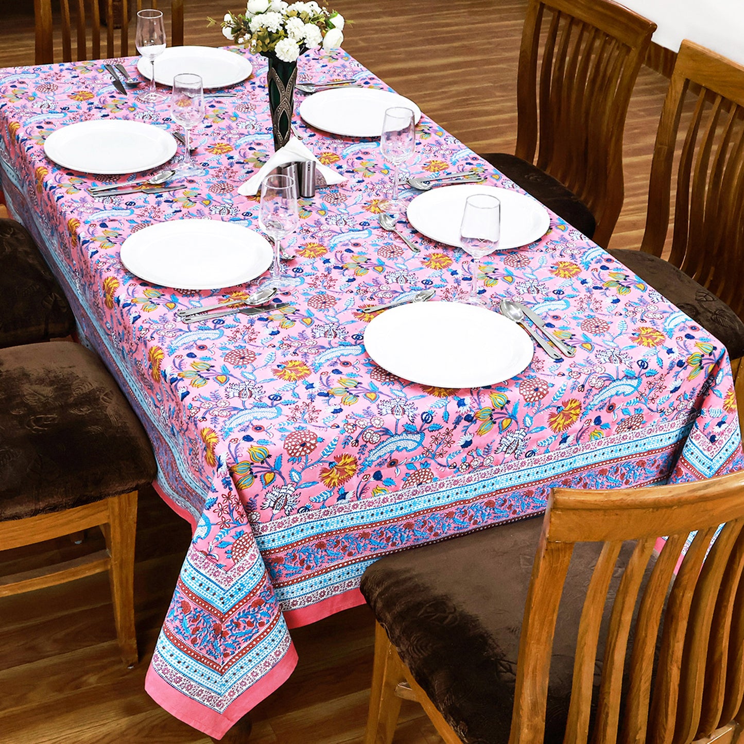 Pink Floral Block Printed Cotton Tablecloth Rectangle Table Cover - My Store