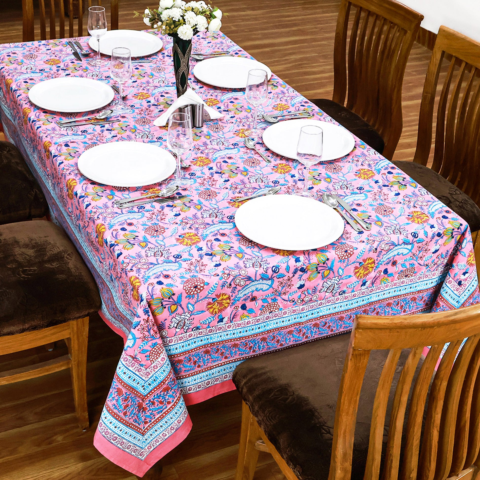 Pink Floral Block Printed Cotton Tablecloth Rectangle Table Cover - My Store