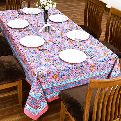 Pink Floral Block Printed Cotton Tablecloth Rectangle Table Cover - My Store