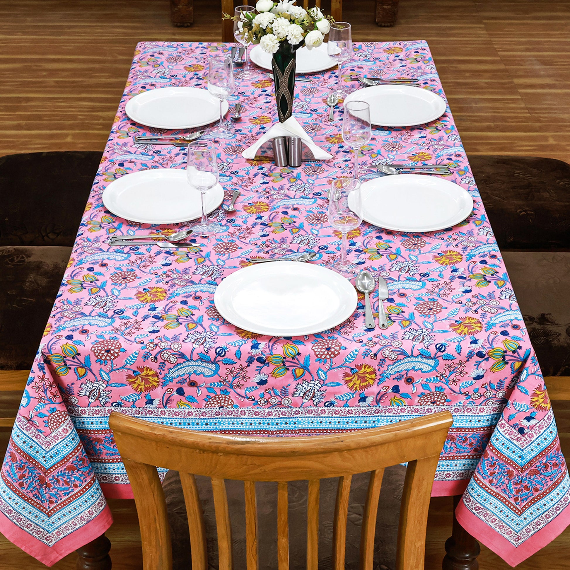 Pink Floral Block Printed Cotton Tablecloth Rectangle Table Cover - My Store