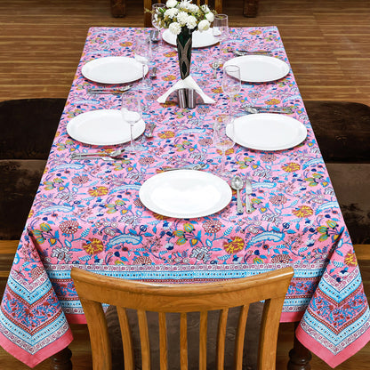 Pink Floral Block Printed Cotton Tablecloth Rectangle Table Cover - My Store