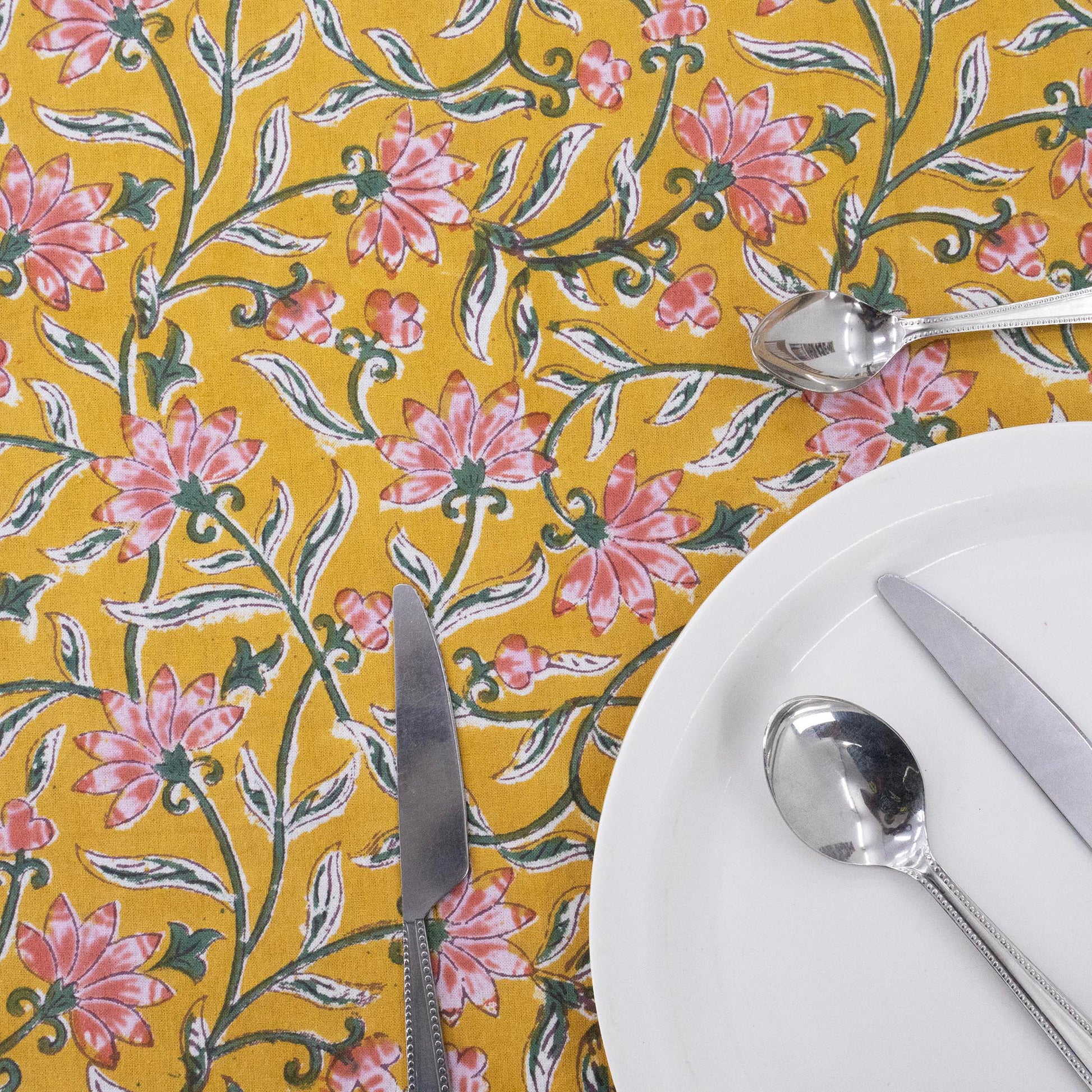 Indian Handmade Block Printed Cotton Yellow ad Pink Rectangle Tablecloth - My Store