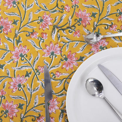 Indian Handmade Block Printed Cotton Yellow ad Pink Rectangle Tablecloth - My Store
