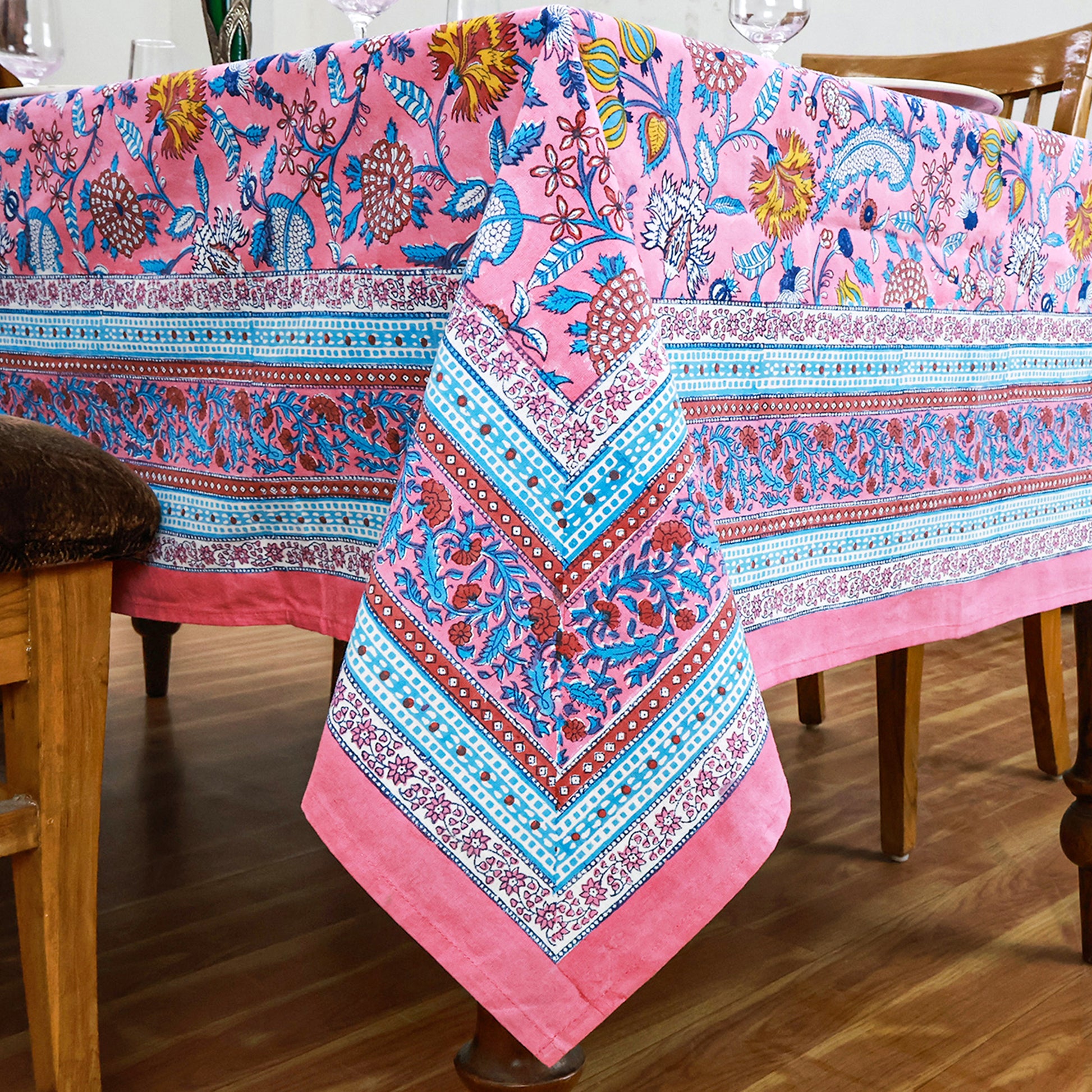 Pink Floral Block Printed Cotton Tablecloth Rectangle Table Cover - My Store