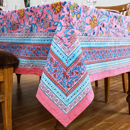 Pink Floral Block Printed Cotton Tablecloth Rectangle Table Cover - My Store