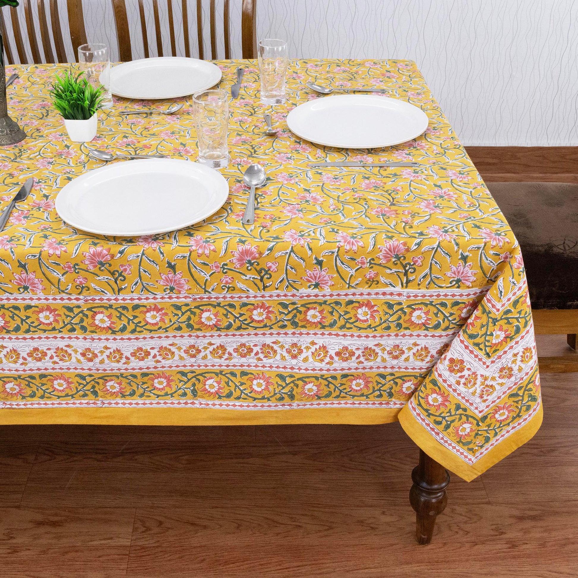 Indian Handmade Block Printed Cotton Yellow ad Pink Rectangle Tablecloth - My Store