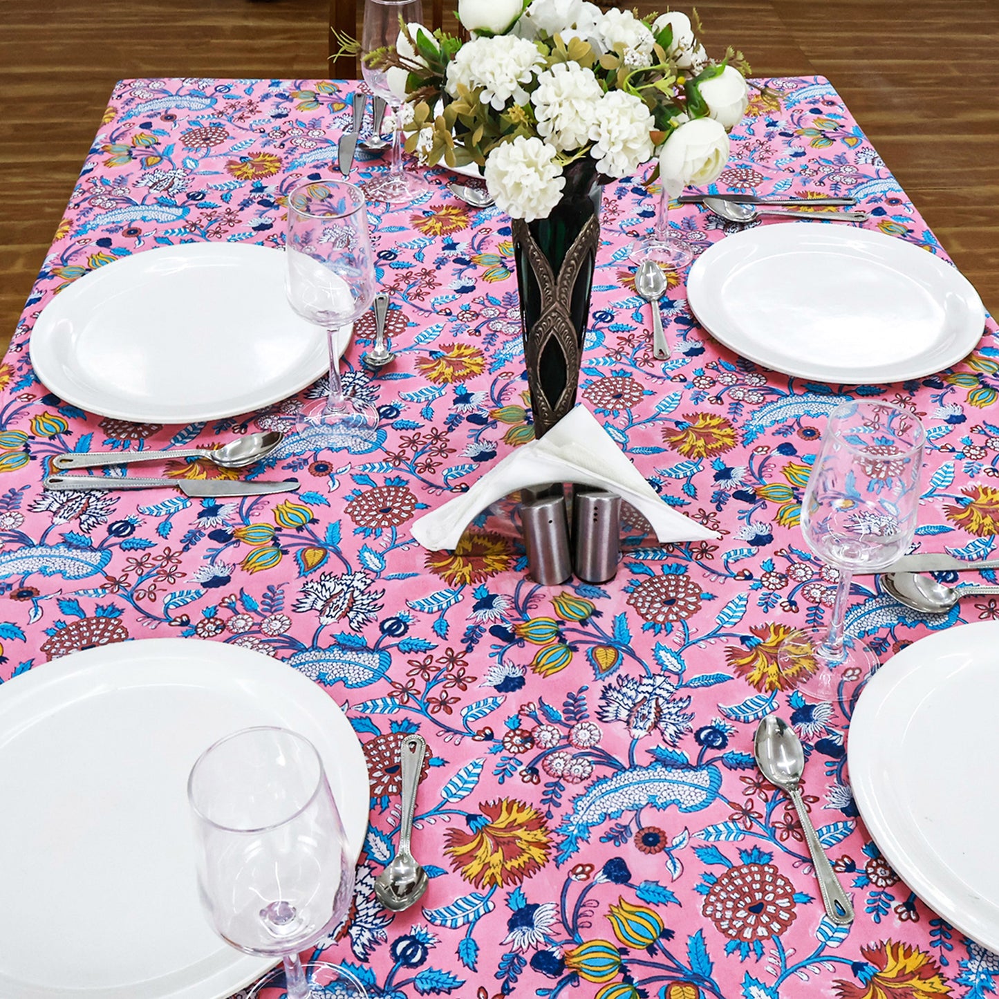 Pink Floral Block Printed Cotton Tablecloth Rectangle Table Cover - My Store