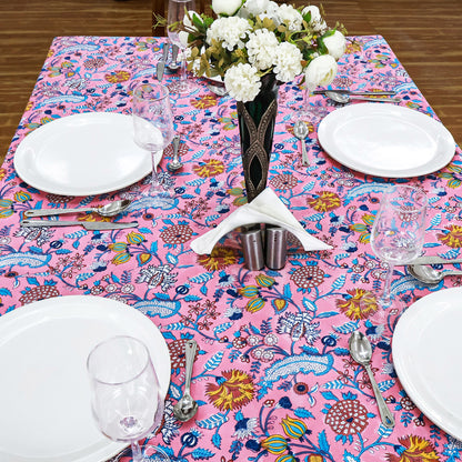 Pink Floral Block Printed Cotton Tablecloth Rectangle Table Cover - My Store