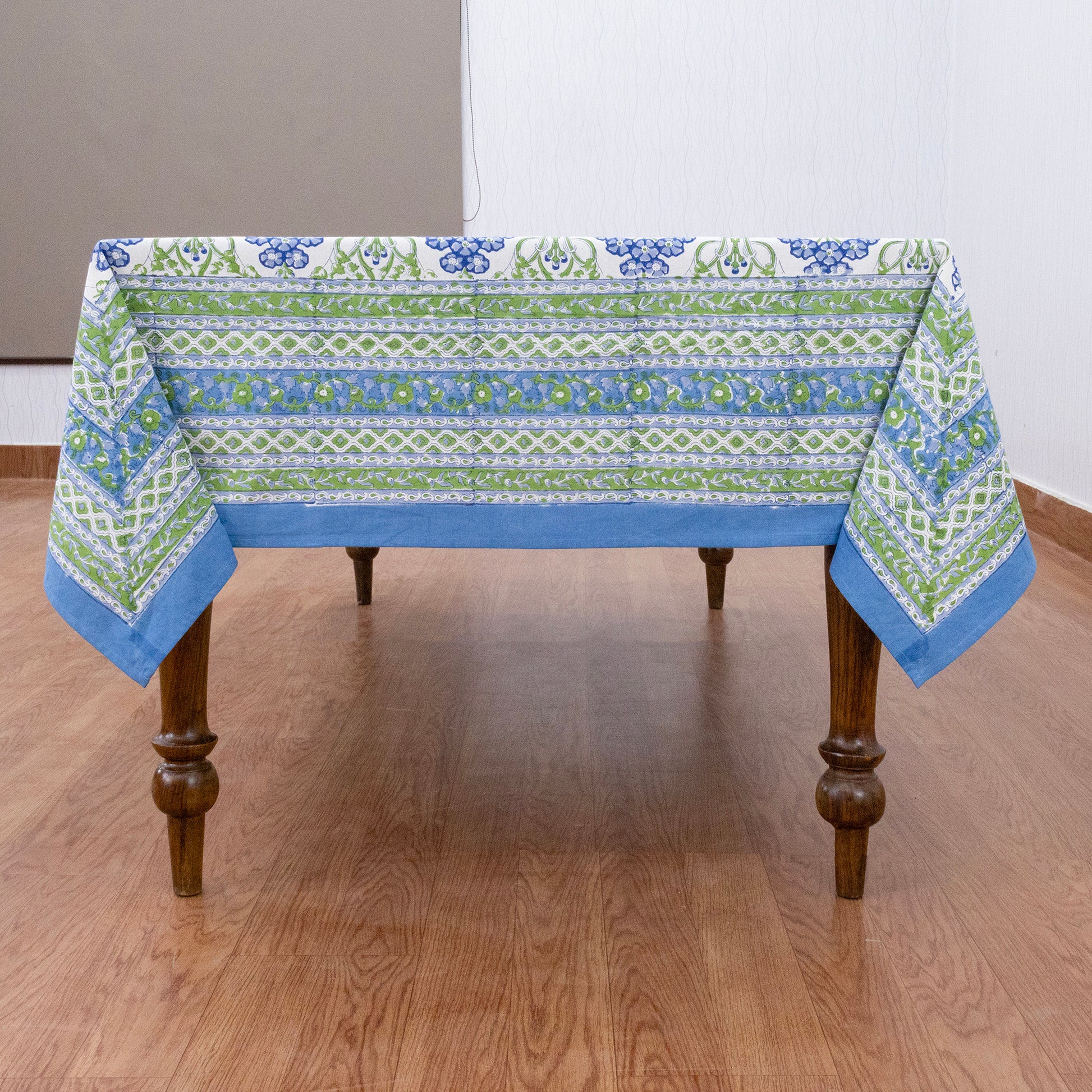 Artisan Block Print Cotton Tablecloth, Green and Blue Indian Rectangle Dining Cover - My Store