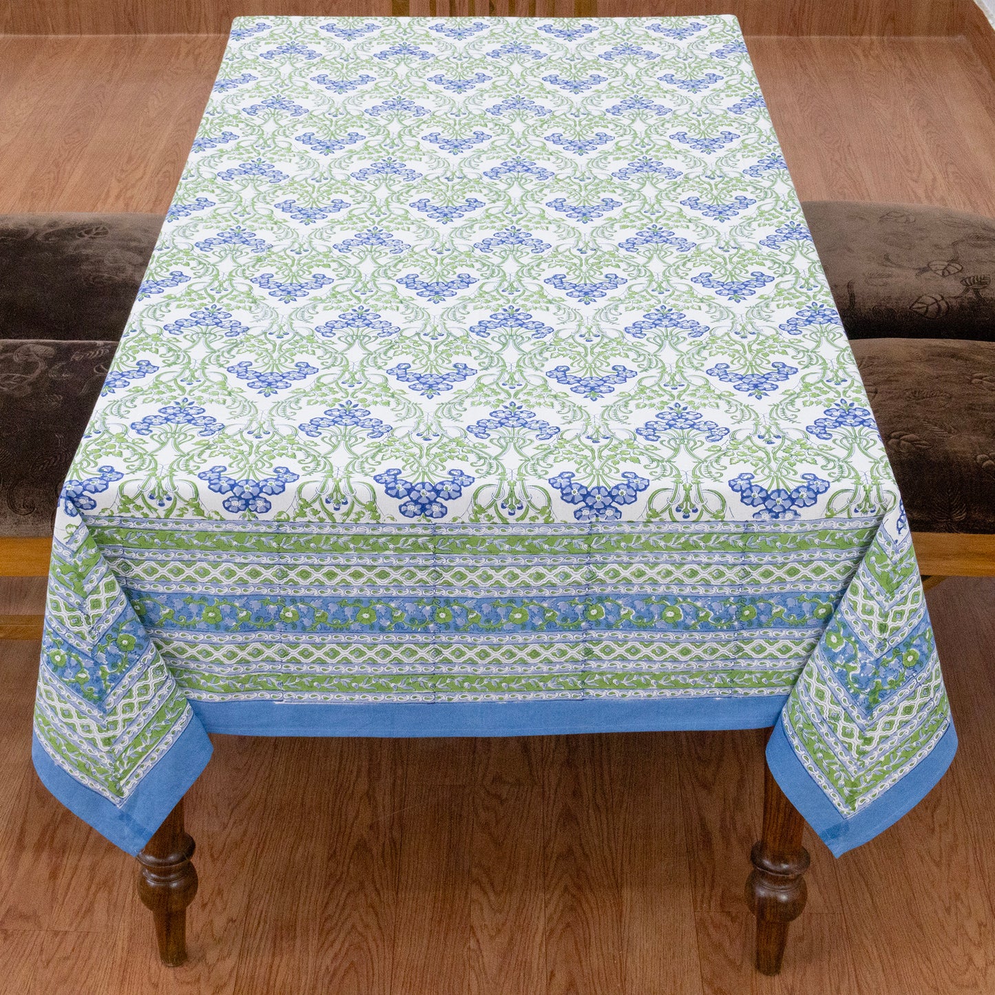 Artisan Block Print Cotton Tablecloth, Green and Blue Indian Rectangle Dining Cover - My Store