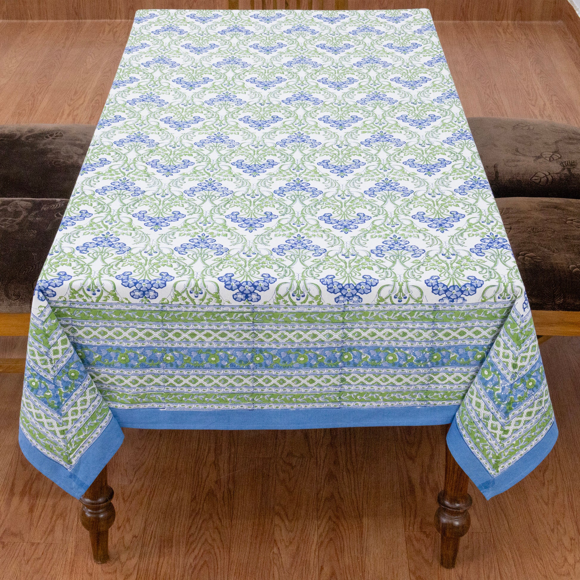 Artisan Block Print Cotton Tablecloth, Green and Blue Indian Rectangle Dining Cover - My Store