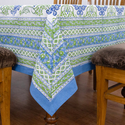 Artisan Block Print Cotton Tablecloth, Green and Blue Indian Rectangle Dining Cover - My Store