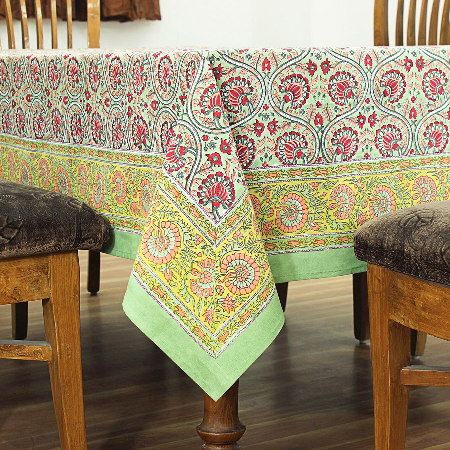 Indian Hand Block Printed Red and Green Rectangle Tablecloth - My Store