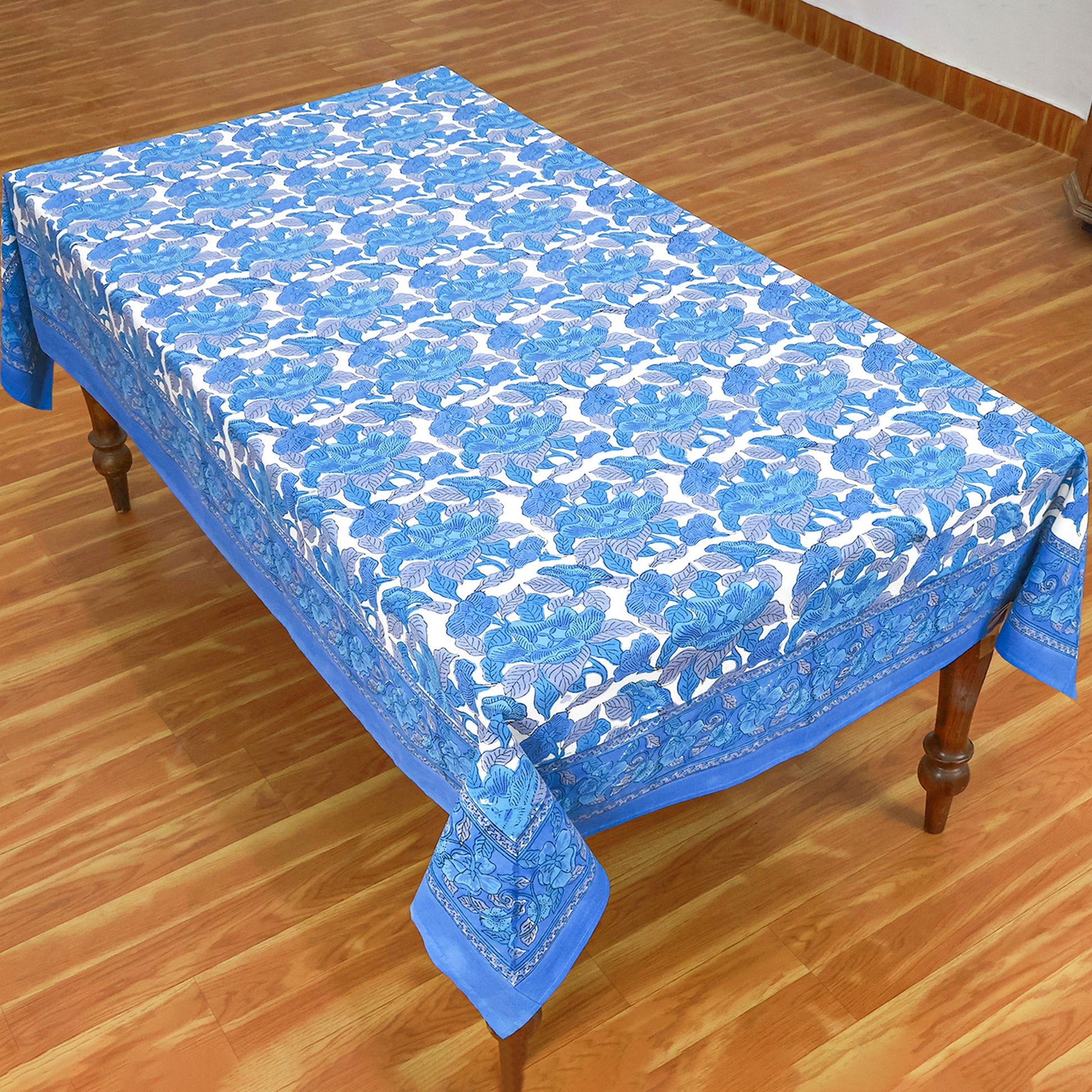 Blue Indian Hand Block Floral Printed Cotton Tablecloth - My Store