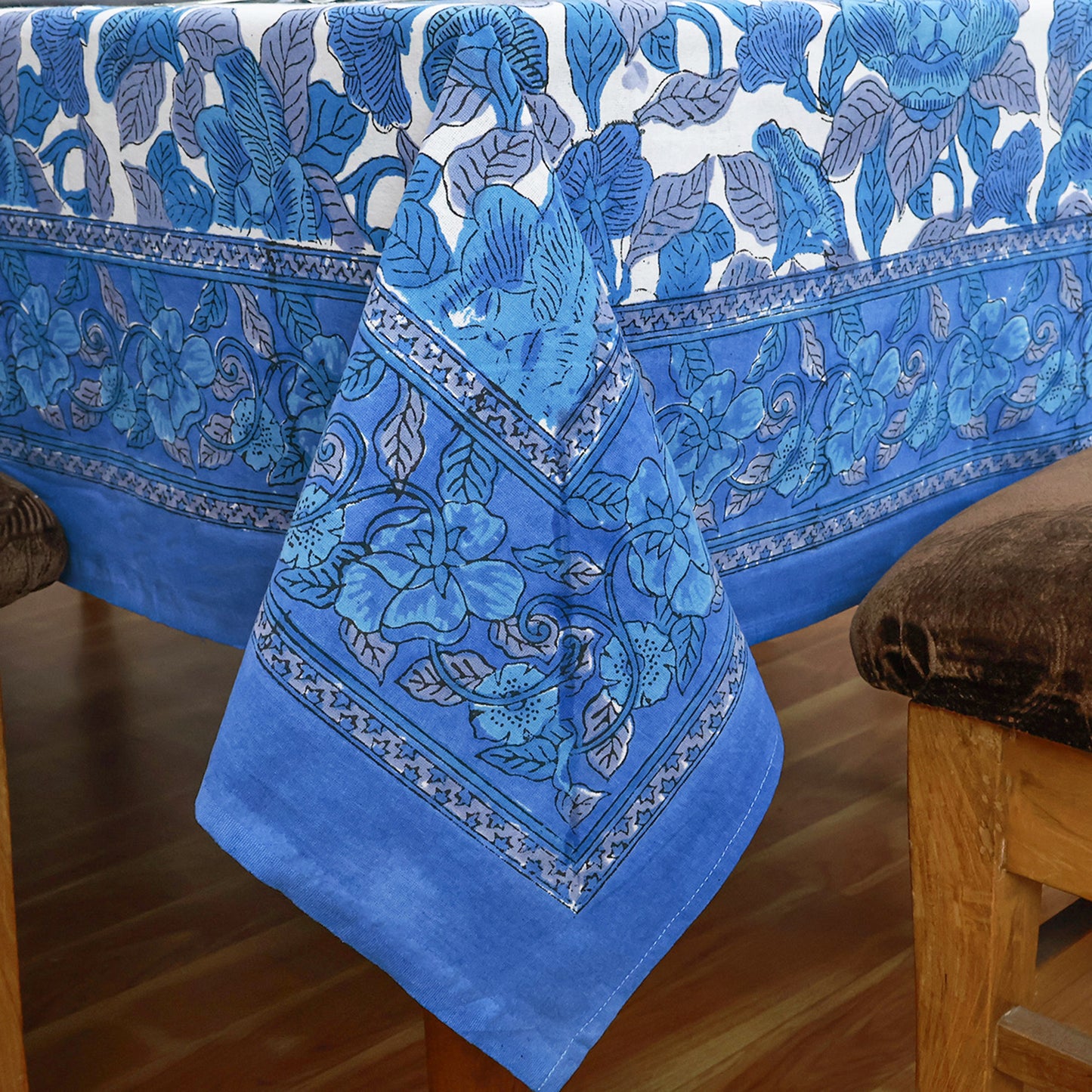 Blue Indian Hand Block Floral Printed Cotton Tablecloth - My Store