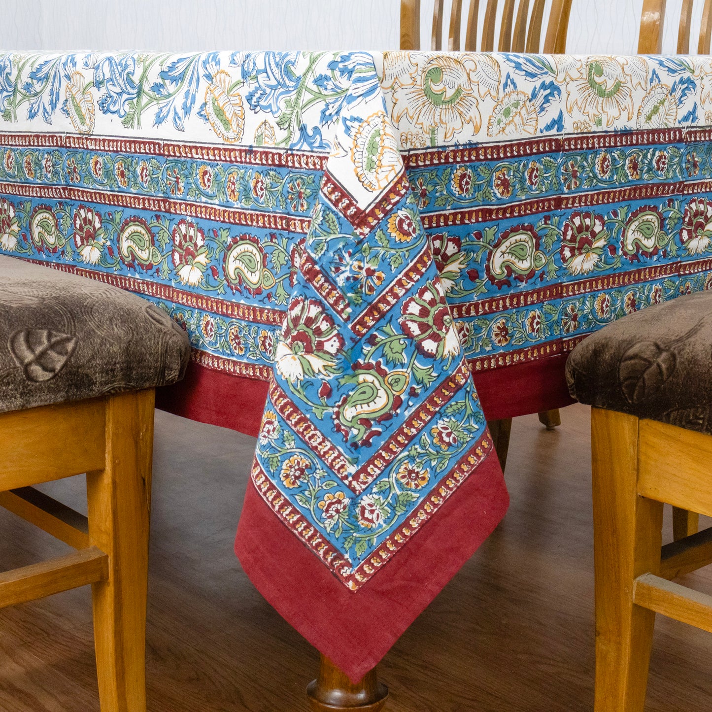 Artisan Block Print Cotton Tablecloth, Blue and Yellow Indian Rectangle Dining Cover - My Store