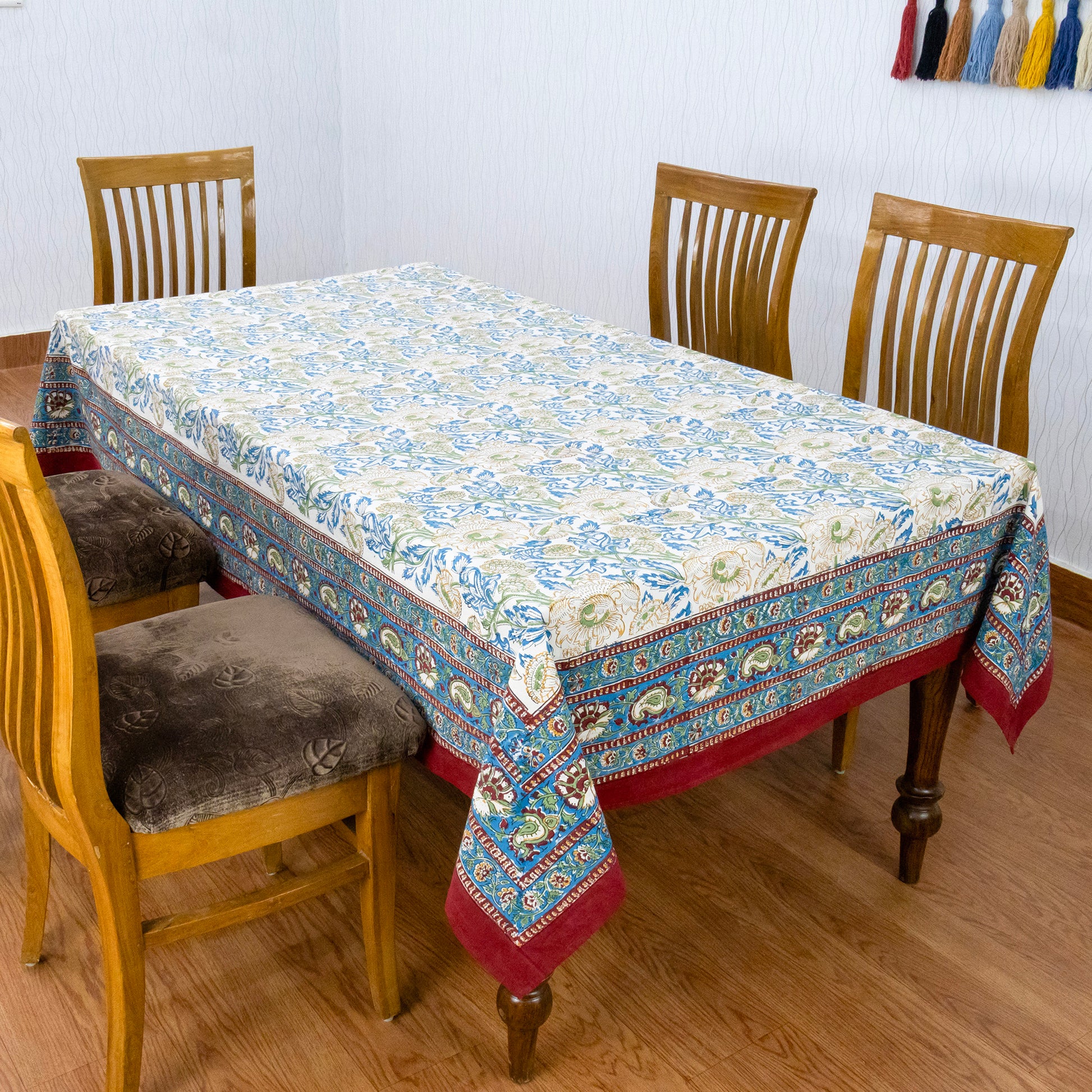 Artisan Block Print Cotton Tablecloth, Blue and Yellow Indian Rectangle Dining Cover - My Store