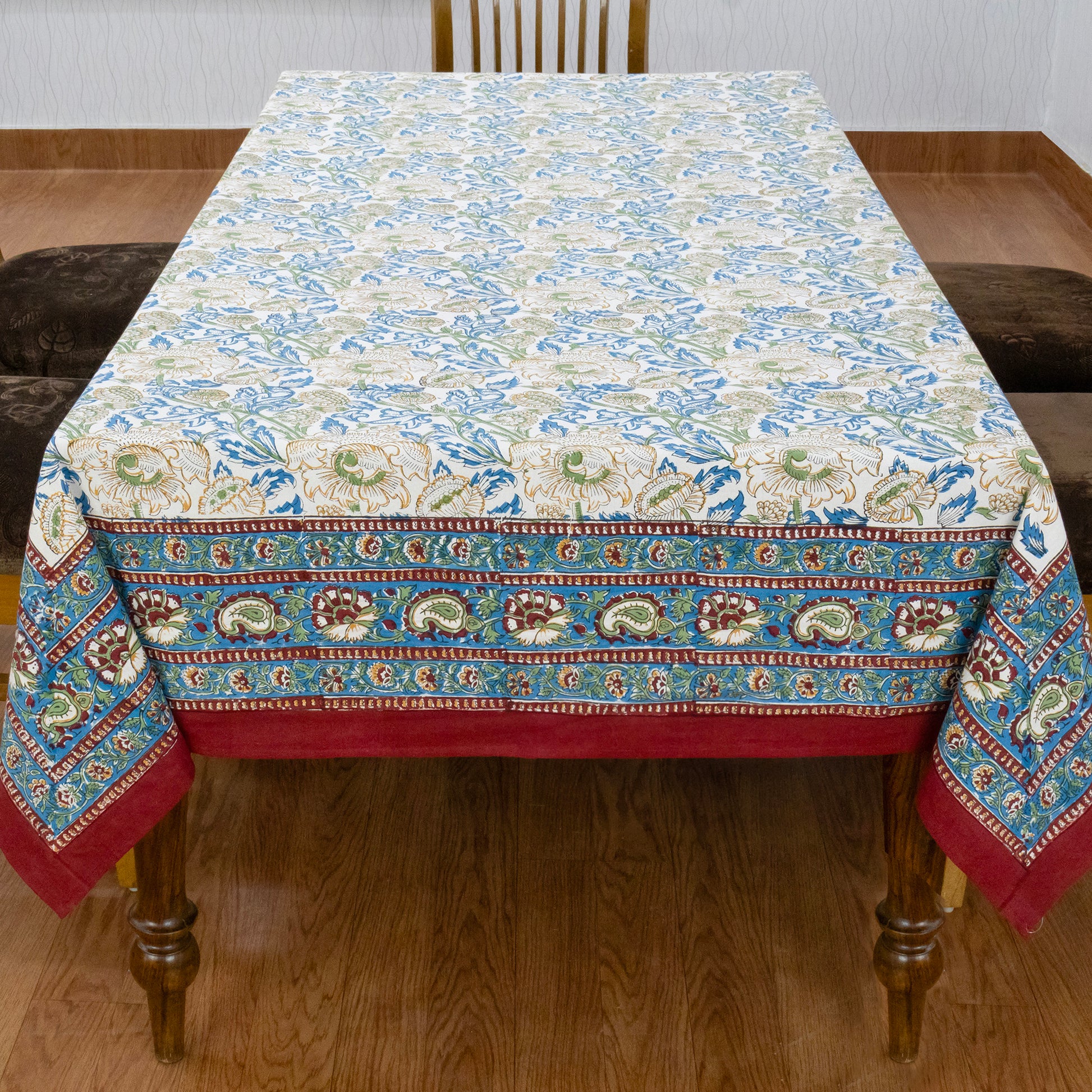Artisan Block Print Cotton Tablecloth, Blue and Yellow Indian Rectangle Dining Cover - My Store
