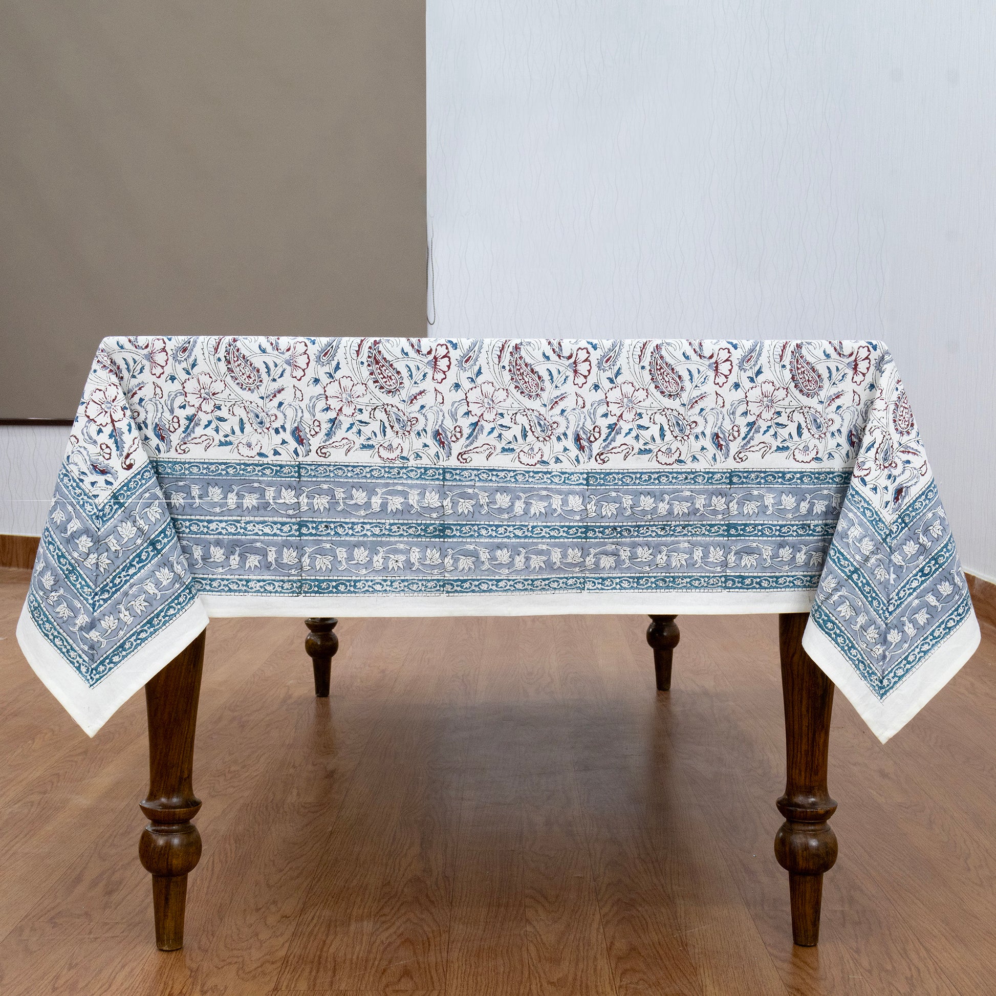 White and Blue Block Print Cotton Tablecloth, Handmade Indian Rectangle Table Linen - My Store