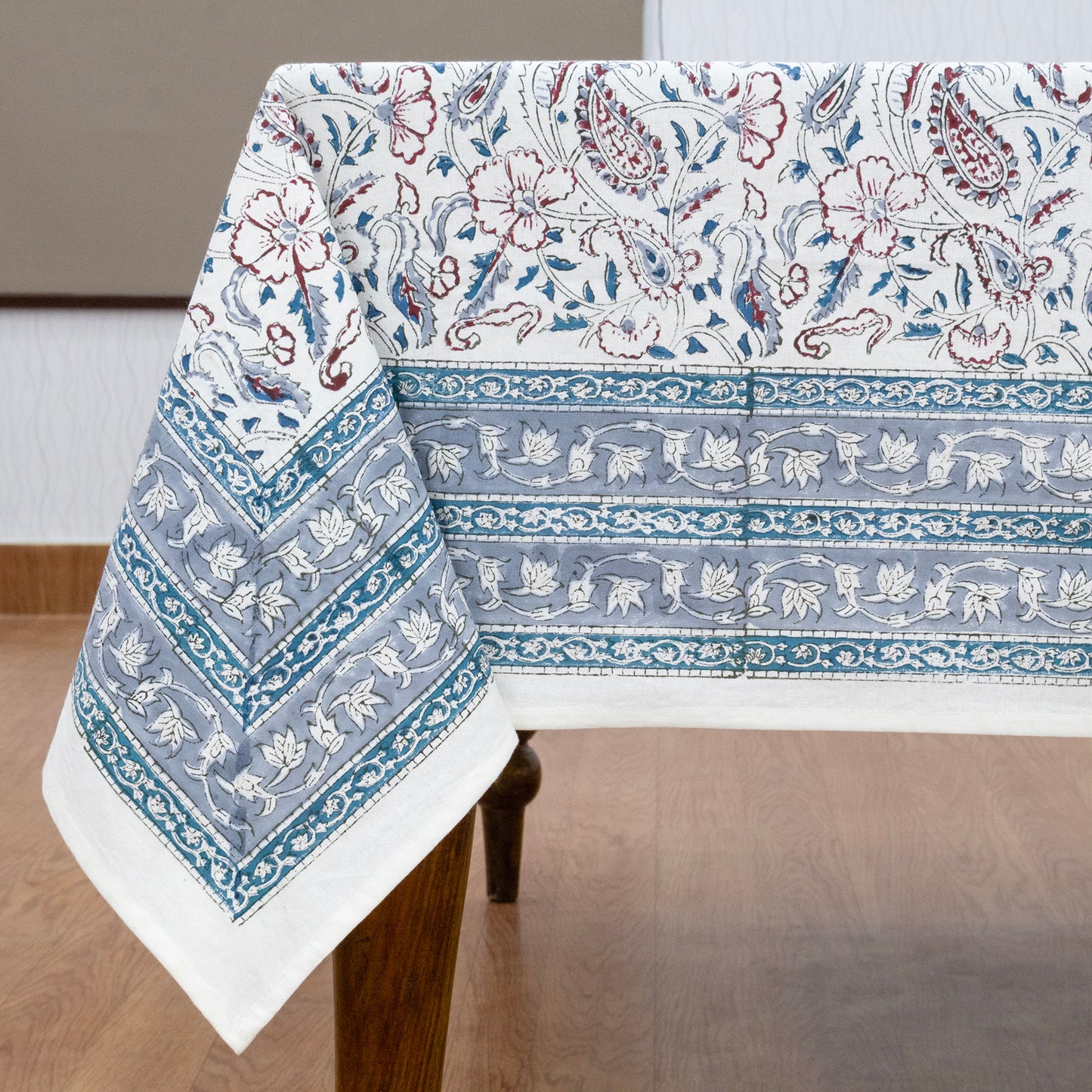 White and Blue Block Print Cotton Tablecloth, Handmade Indian Rectangle Table Linen - My Store