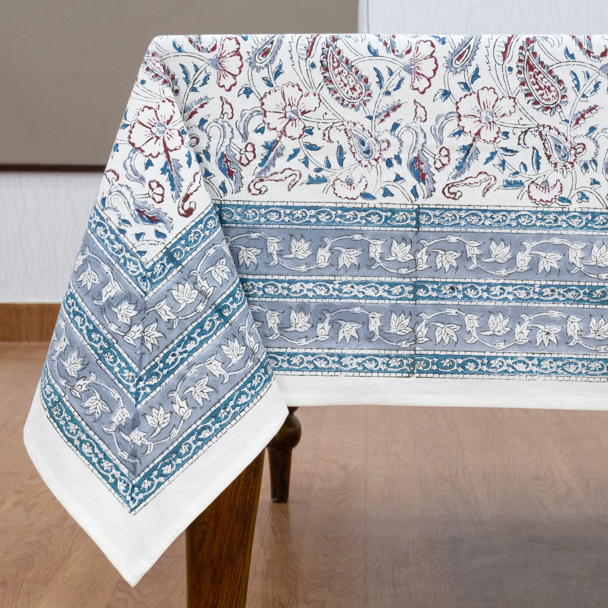White and Blue Block Print Cotton Tablecloth, Handmade Indian Rectangle Table Linen - My Store