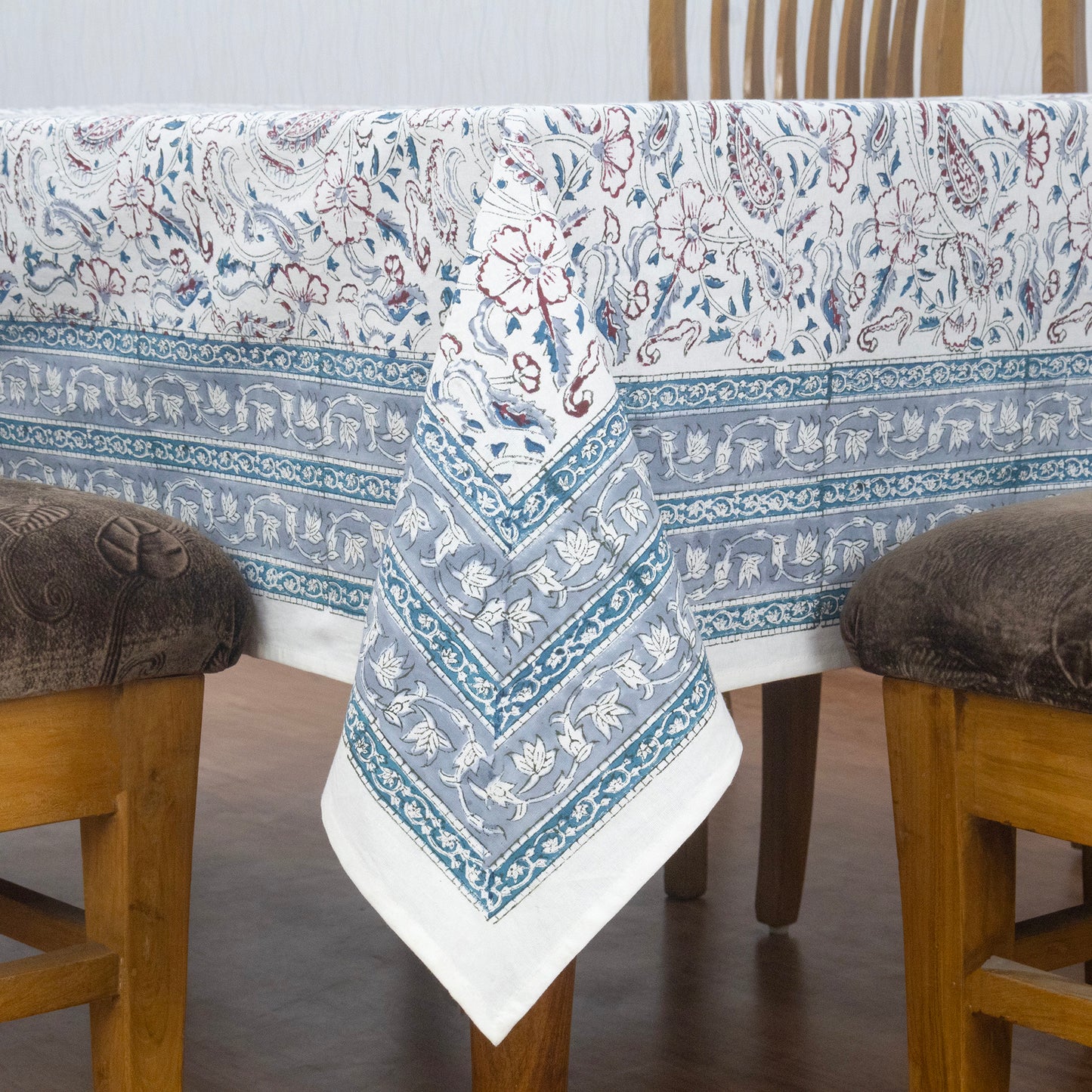 White and Blue Block Print Cotton Tablecloth, Handmade Indian Rectangle Table Linen - My Store