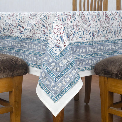 White and Blue Block Print Cotton Tablecloth, Handmade Indian Rectangle Table Linen - My Store