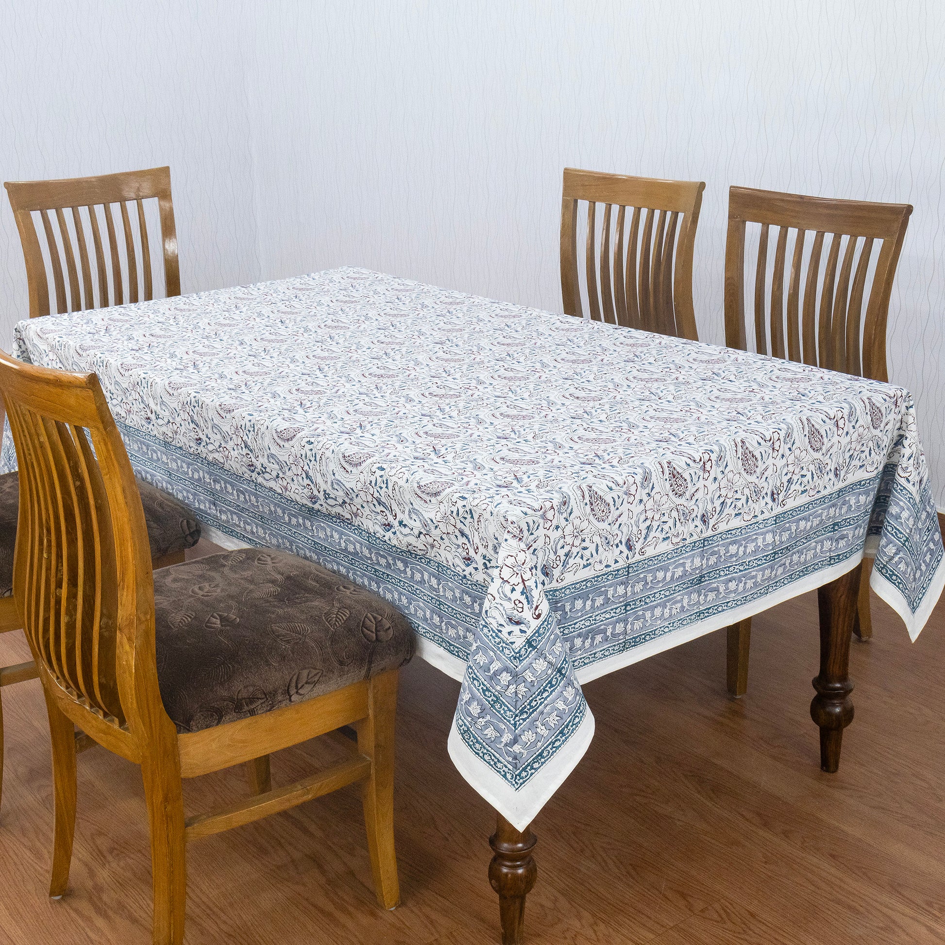 White and Blue Block Print Cotton Tablecloth, Handmade Indian Rectangle Table Linen - My Store