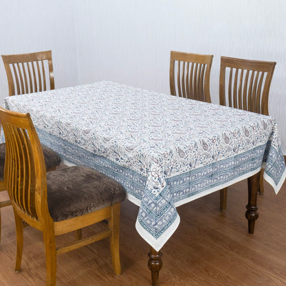 White and Blue Block Print Cotton Tablecloth, Handmade Indian Rectangle Table Linen - My Store
