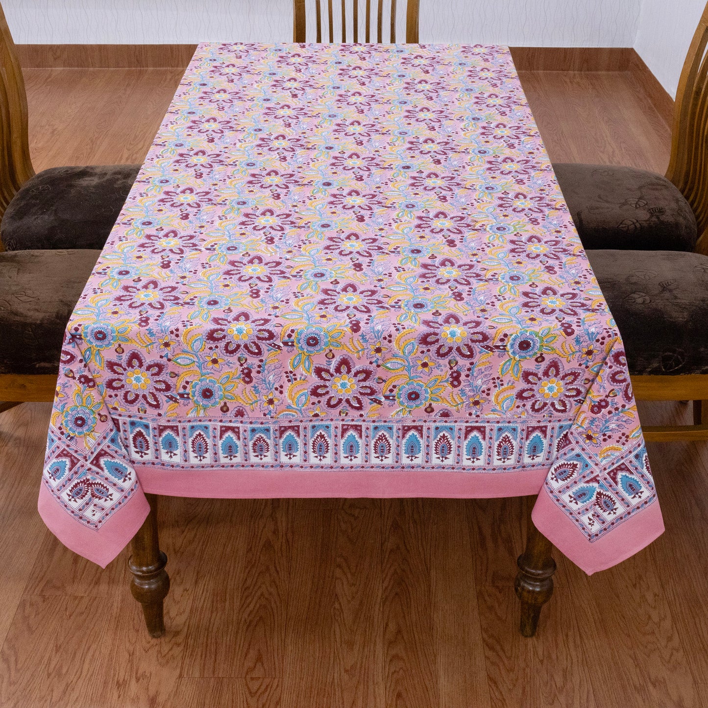 Pink and Blue Floral Hand Block Printed Dinning Table Cover - My Store