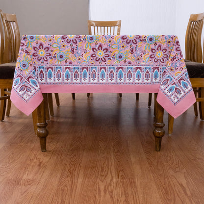 Pink and Blue Floral Hand Block Printed Dinning Table Cover - My Store