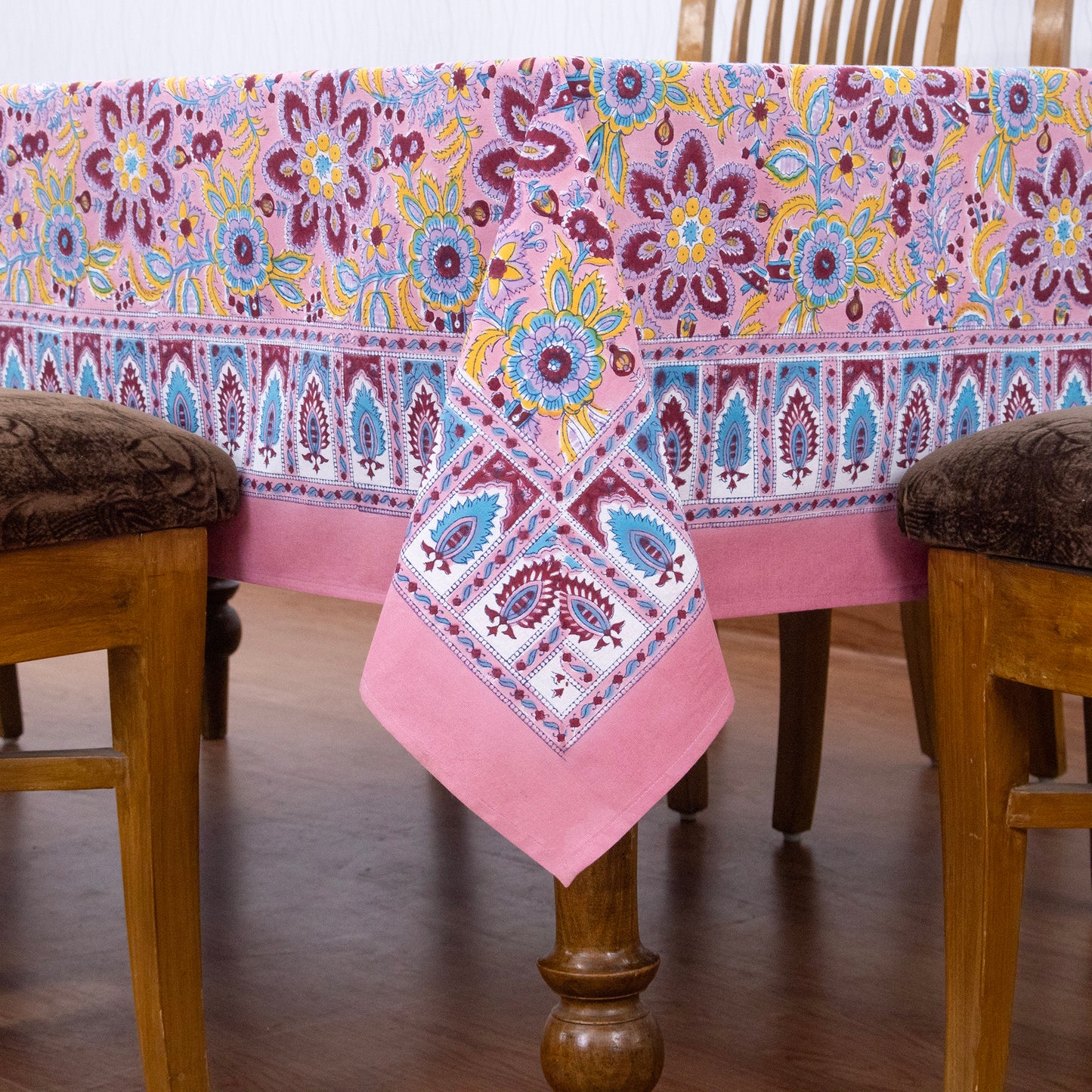 Pink and Blue Floral Hand Block Printed Dinning Table Cover - My Store