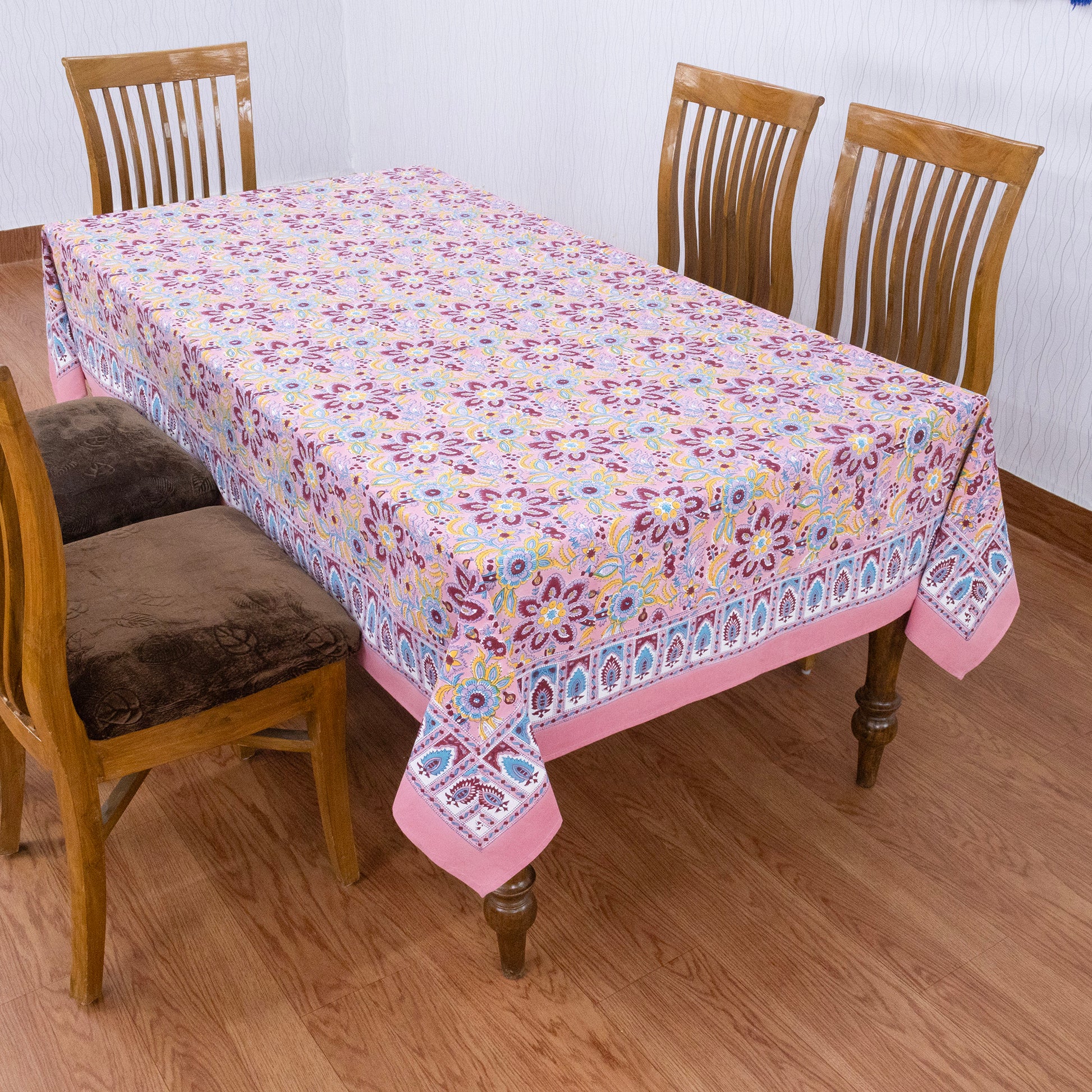 Pink and Blue Floral Hand Block Printed Dinning Table Cover - My Store