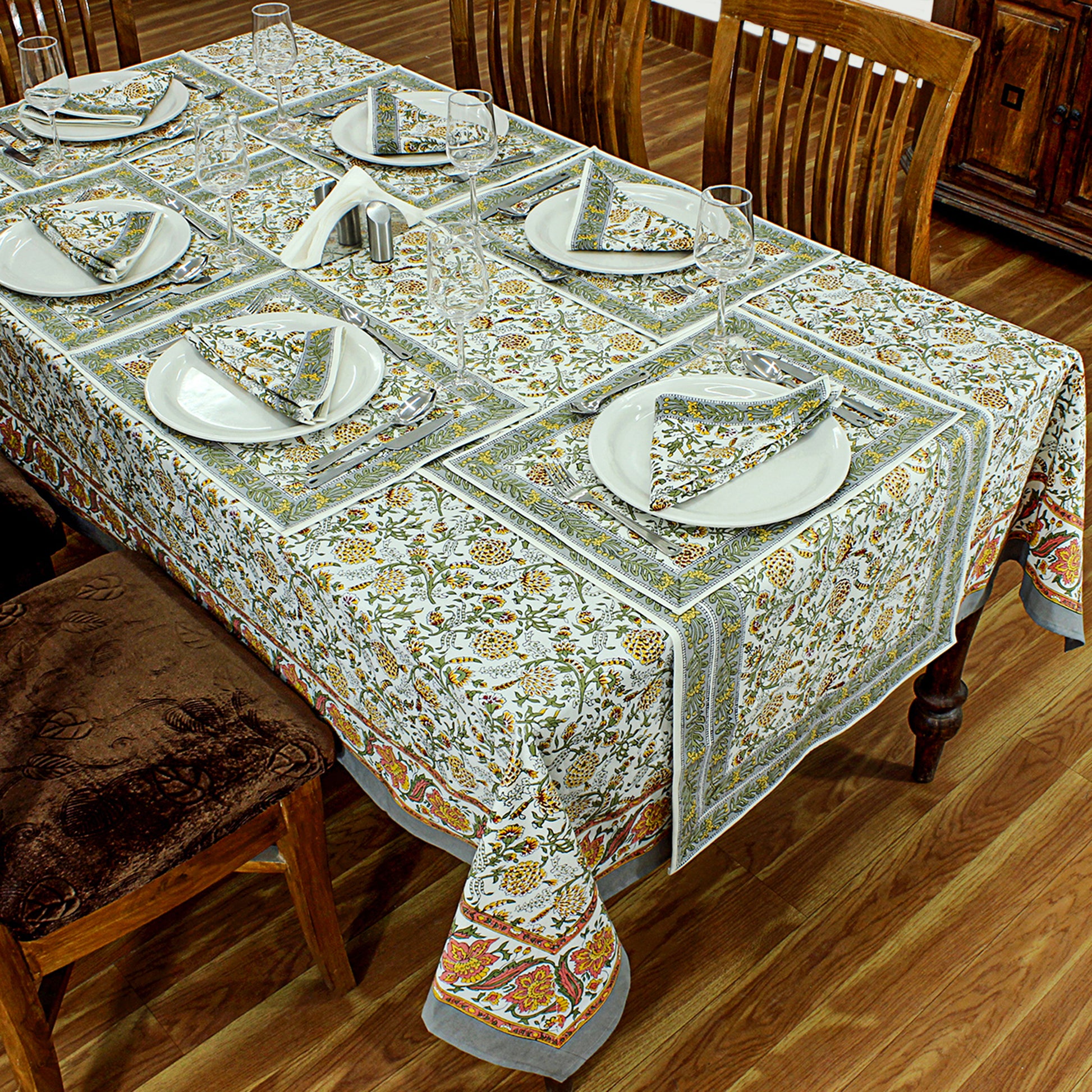 Indian Block Floral Print 100% Pure Cotton Cloth Tablecloth - My Store