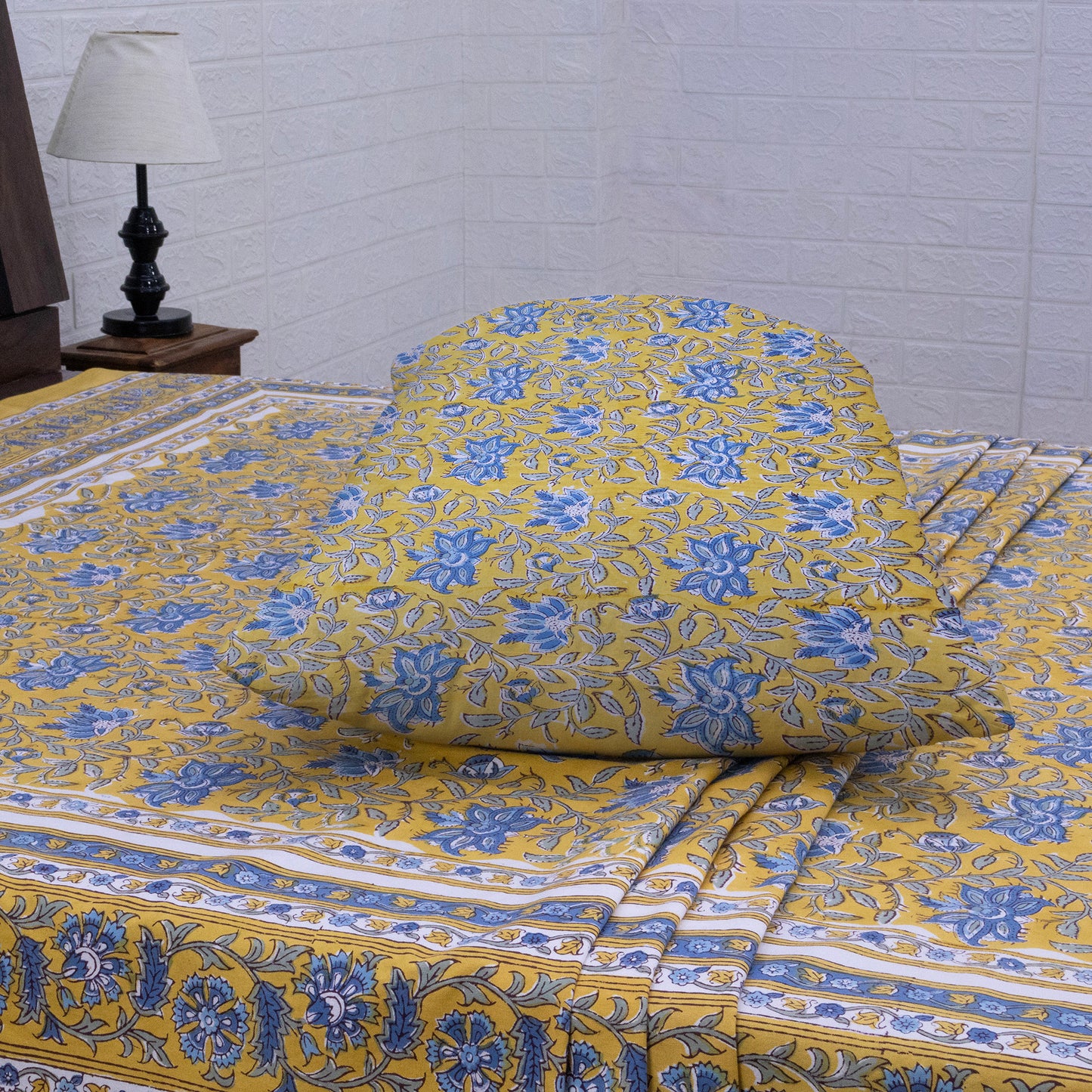 Cotton Bedsheet – Hand Block Floral Print – Yellow and Blue – King, Queen, Twin Sizes - My Store