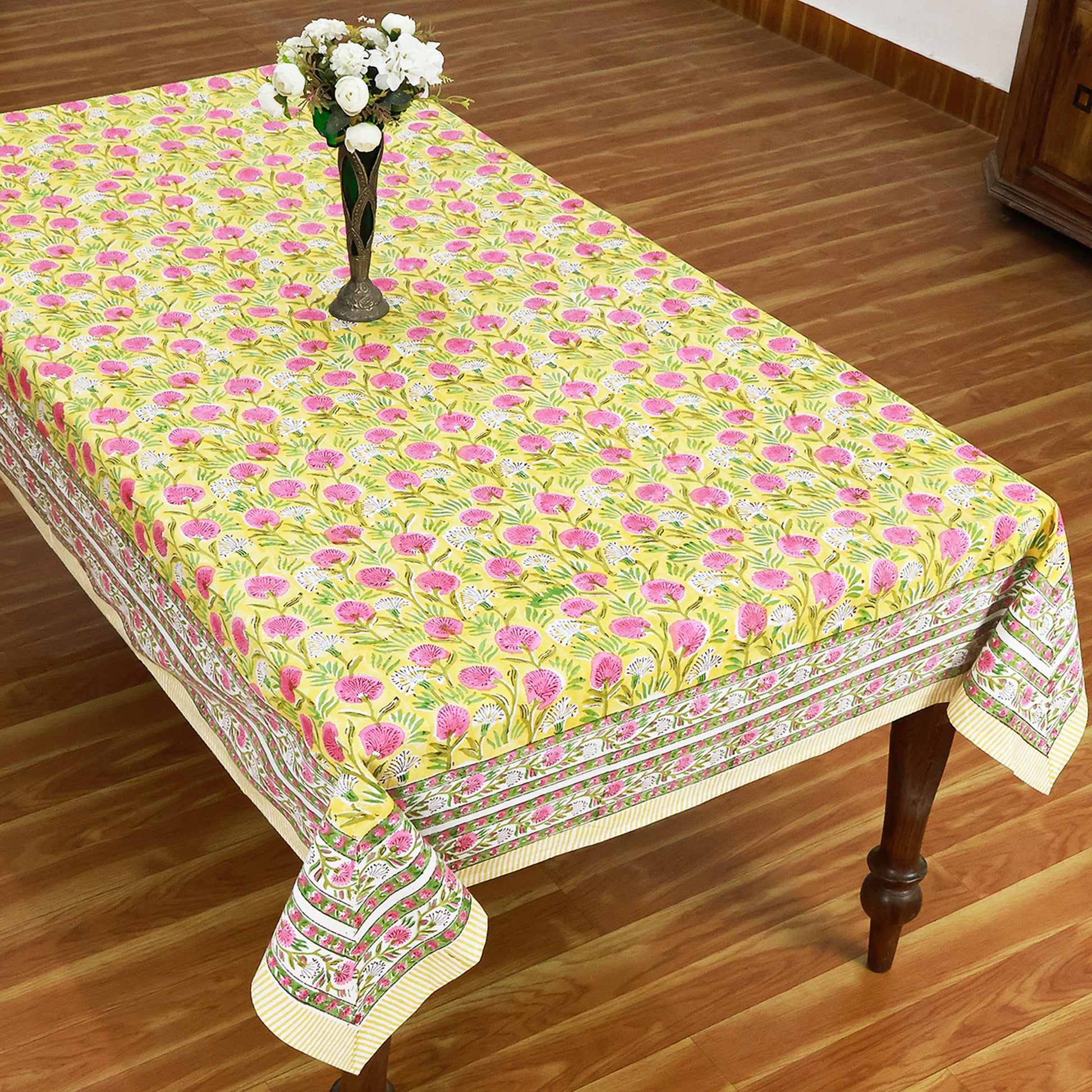 Red and Yellow Handmade Block Printed Rectangle Dinning Tablecloth for Table Decor - My Store