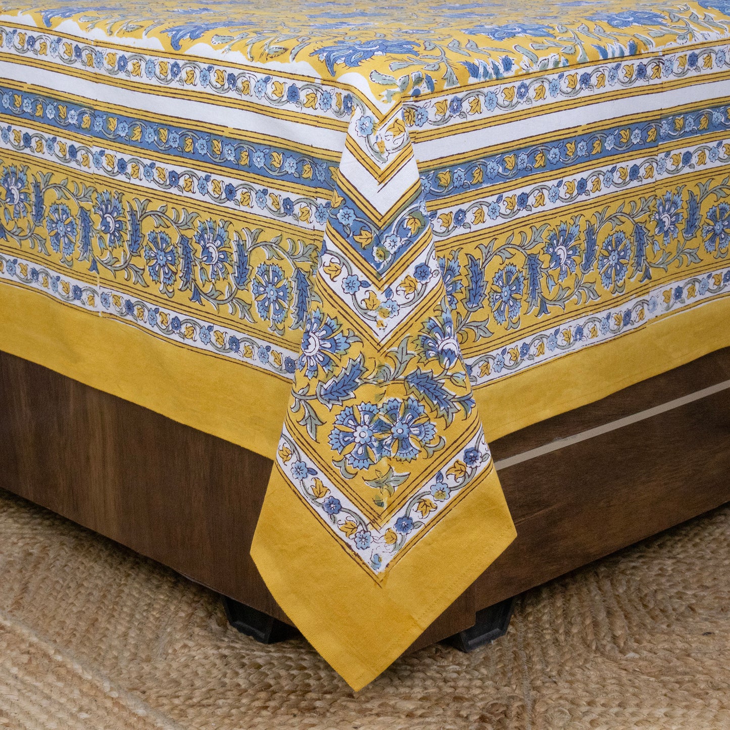 Cotton Bedsheet – Hand Block Floral Print – Yellow and Blue – King, Queen, Twin Sizes - My Store