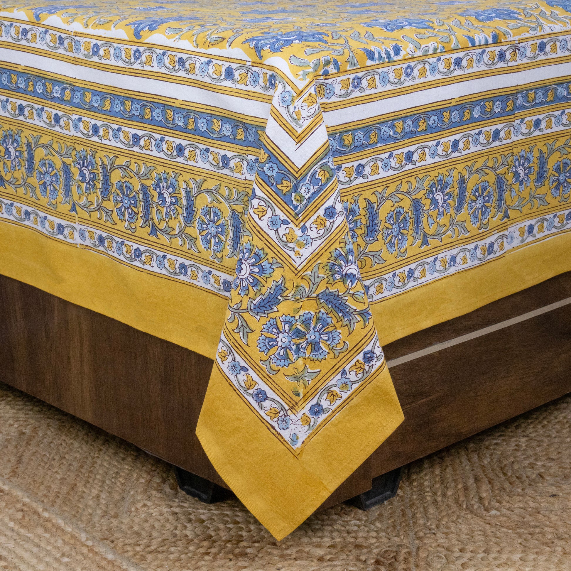 Cotton Bedsheet – Hand Block Floral Print – Yellow and Blue – King, Queen, Twin Sizes - My Store