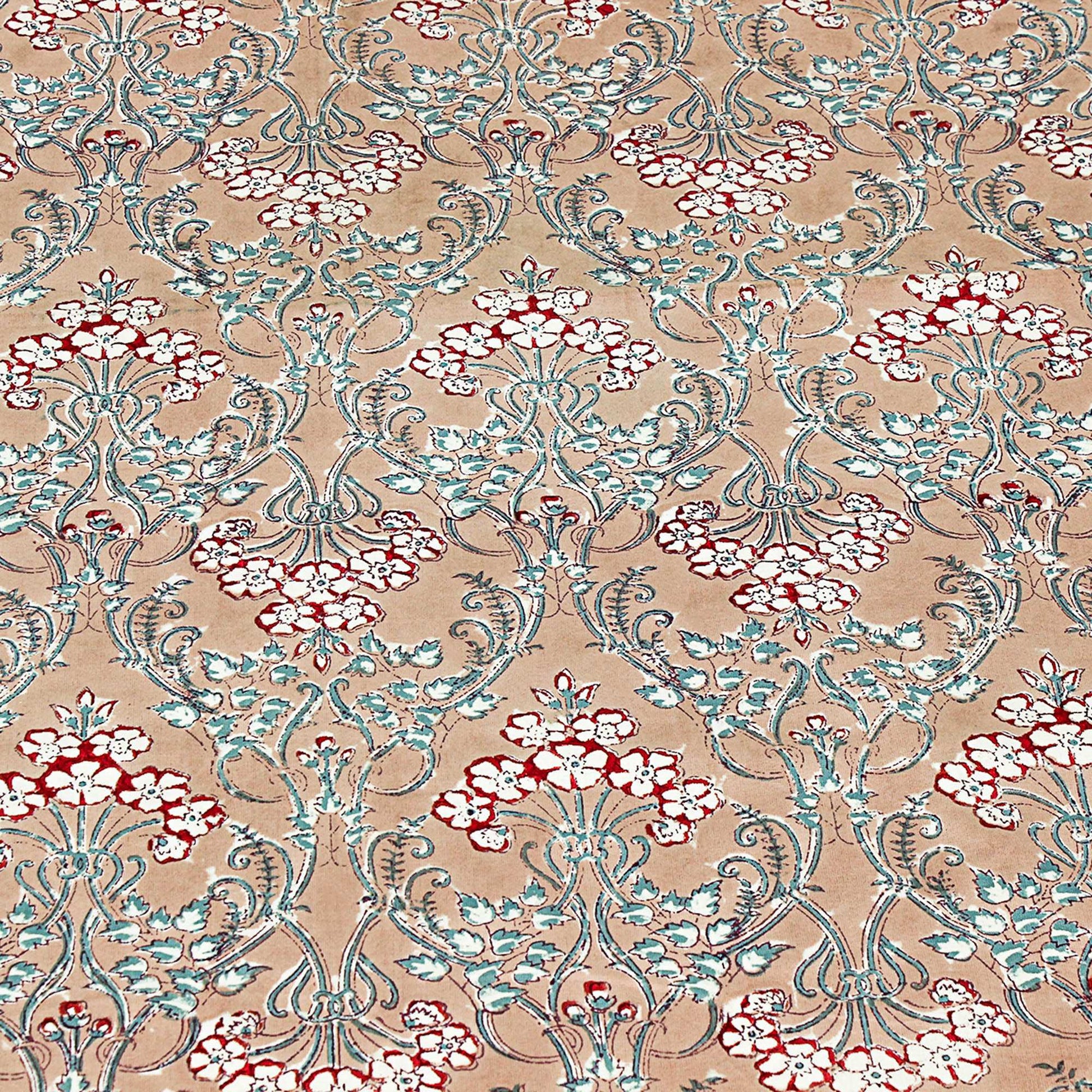 Dark Vanilla & Red Floral Block Printed Table Cloth - My Store