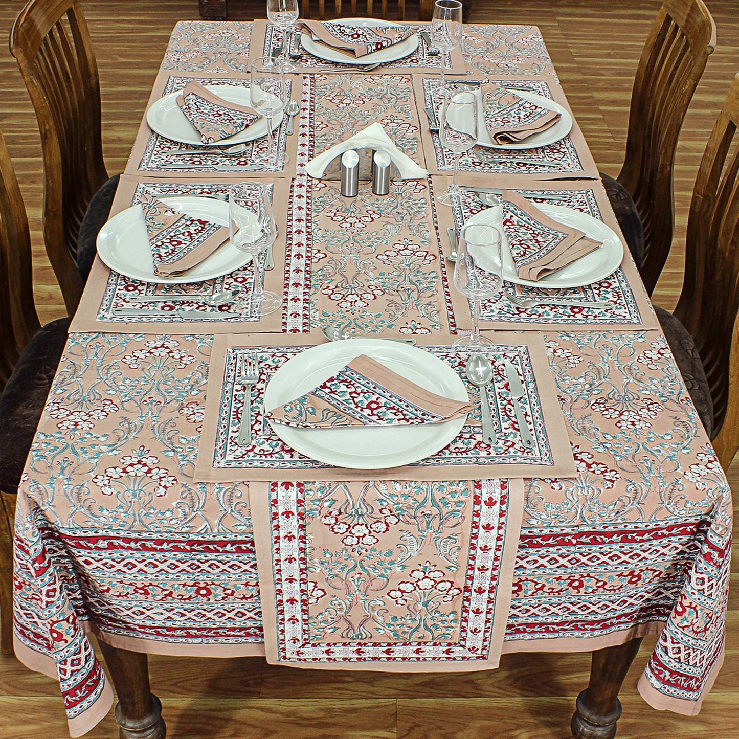 Dark Vanilla & Red Floral Block Printed Table Cloth - My Store