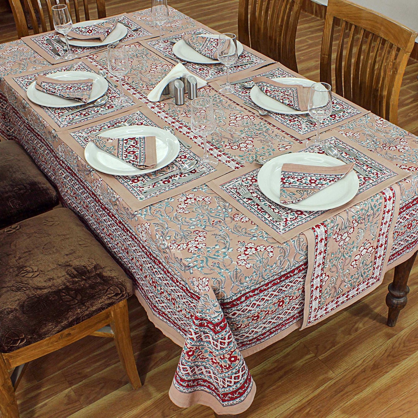 Dark Vanilla & Red Floral Block Printed Table Cloth - My Store