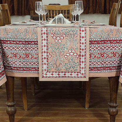 Dark Vanilla & Red Floral Block Printed Table Cloth - My Store