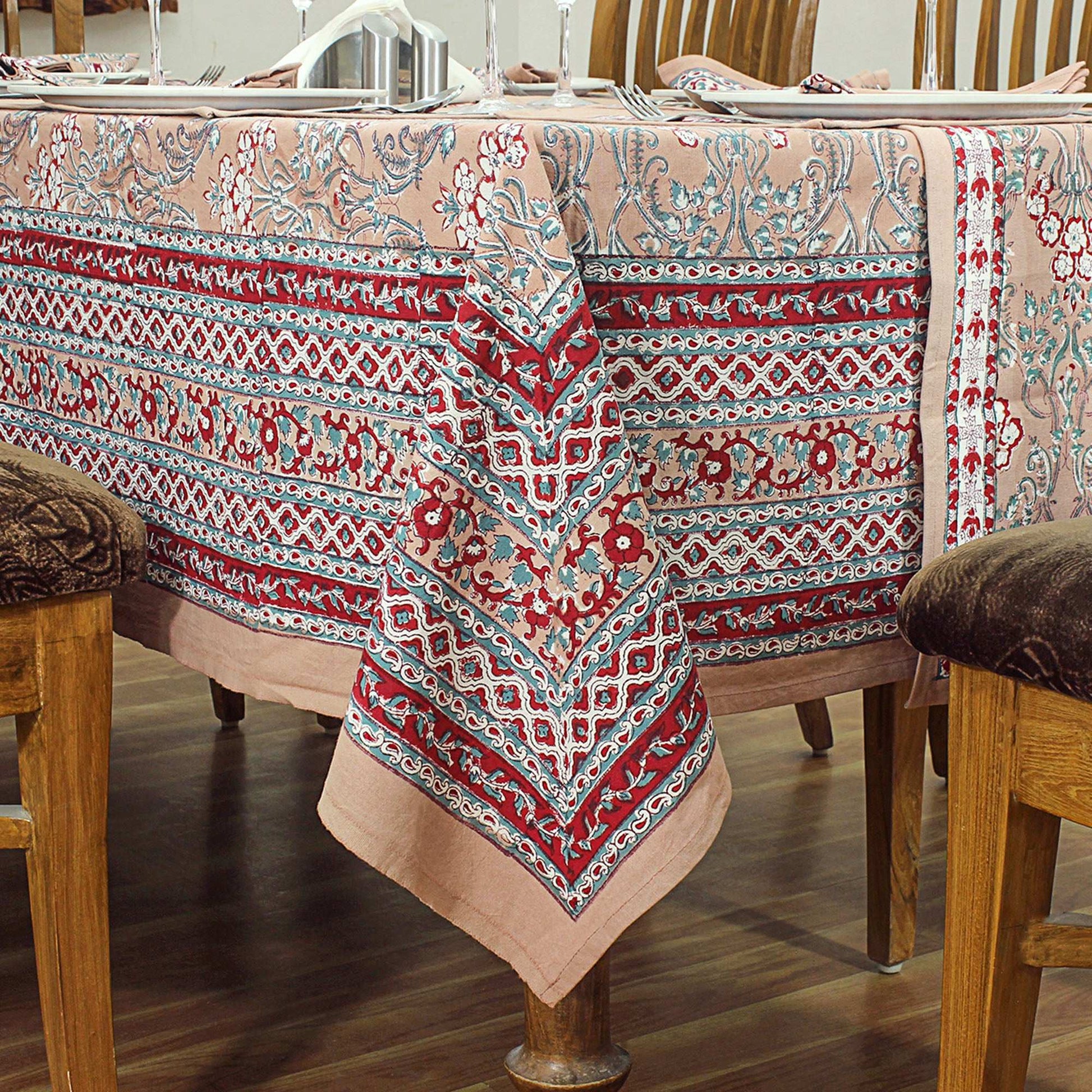 Dark Vanilla & Red Floral Block Printed Table Cloth - My Store
