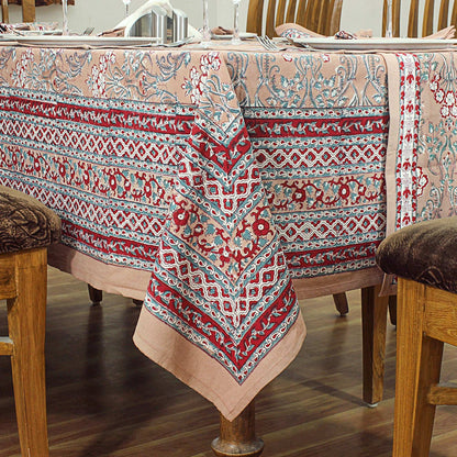Dark Vanilla & Red Floral Block Printed Table Cloth - My Store