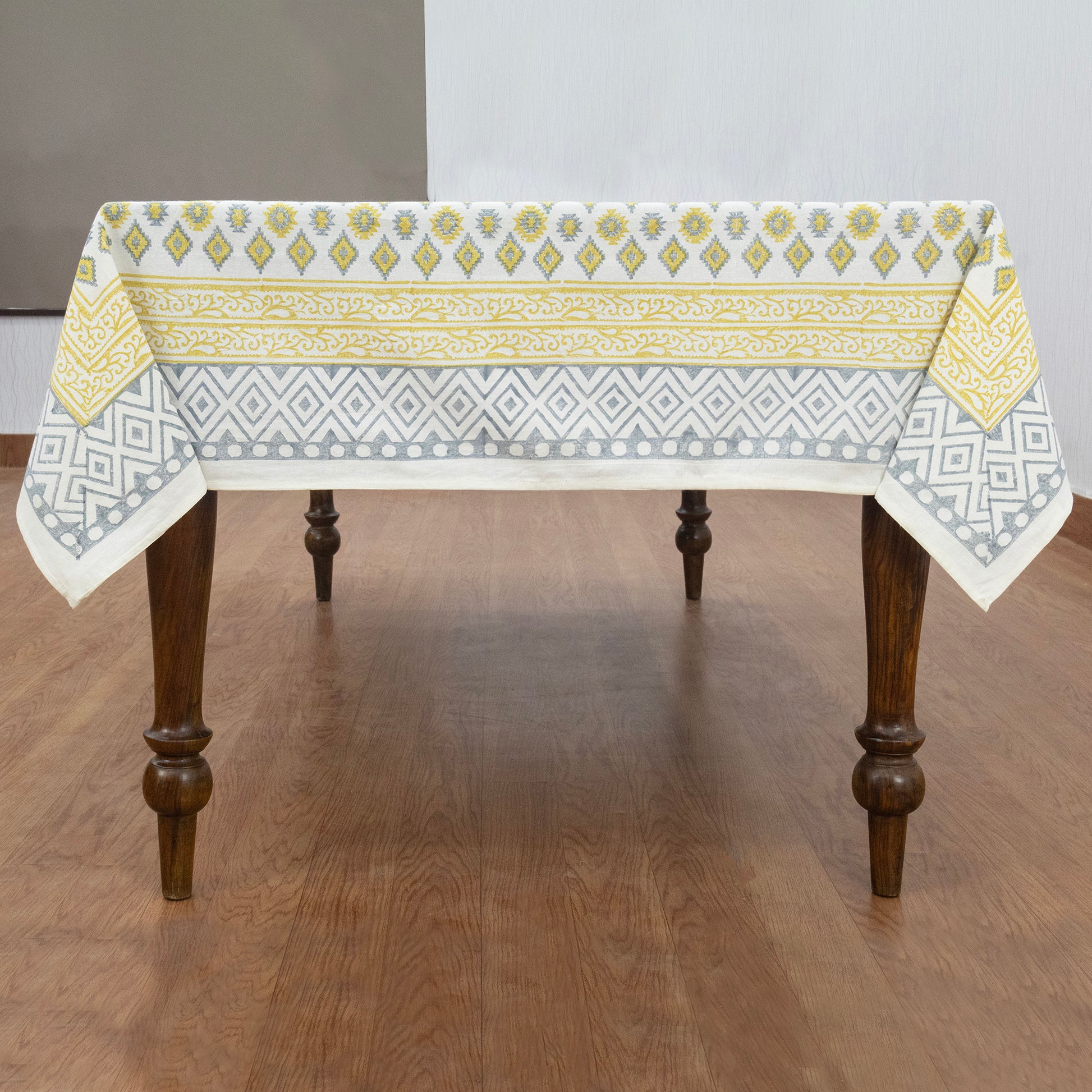 Indian Handmade Block Printed Cotton Yellow and Blue Rectangle Tablecloth - My Store