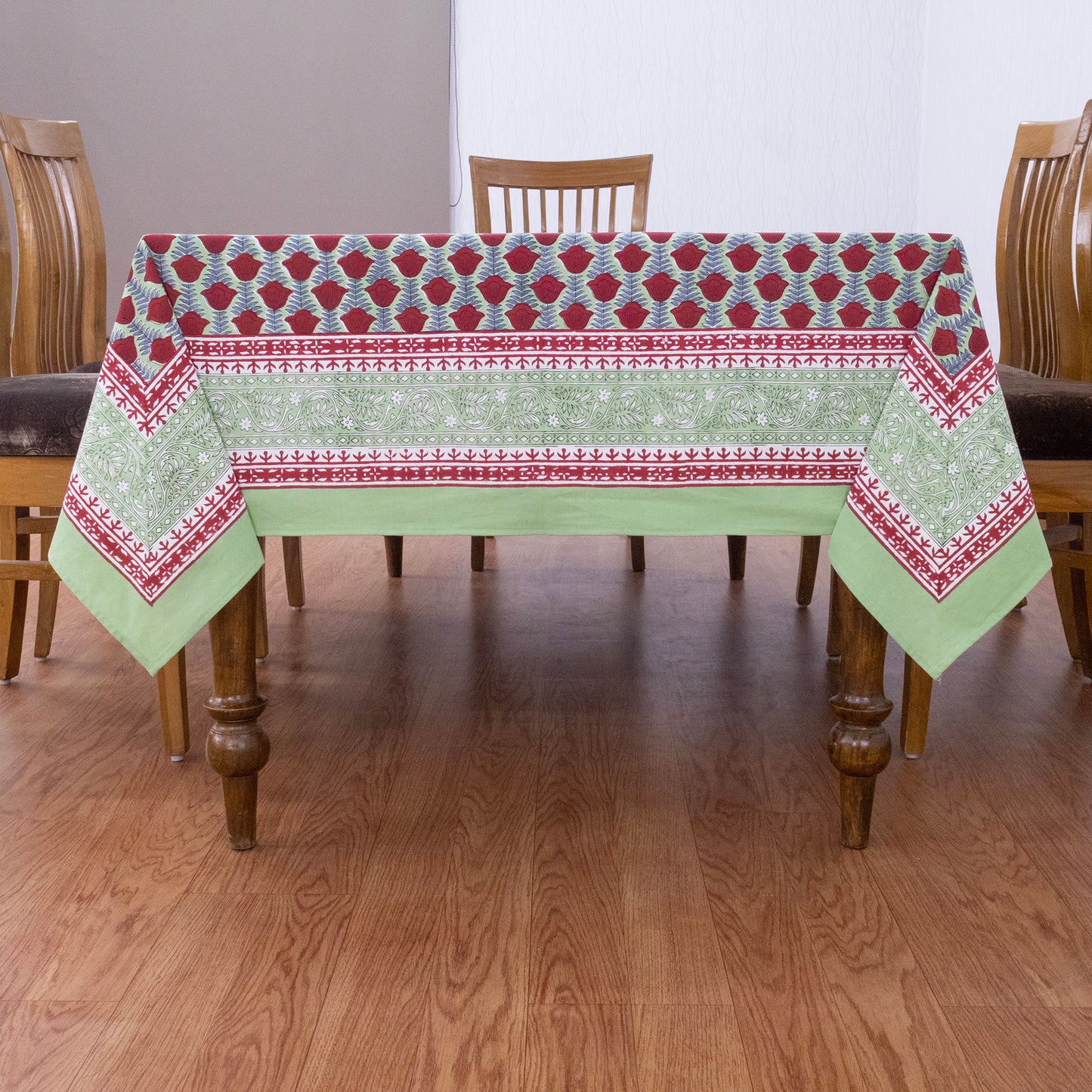 Red and Teal Green Indian Hand Block Floral Printed Tablecloth - My Store
