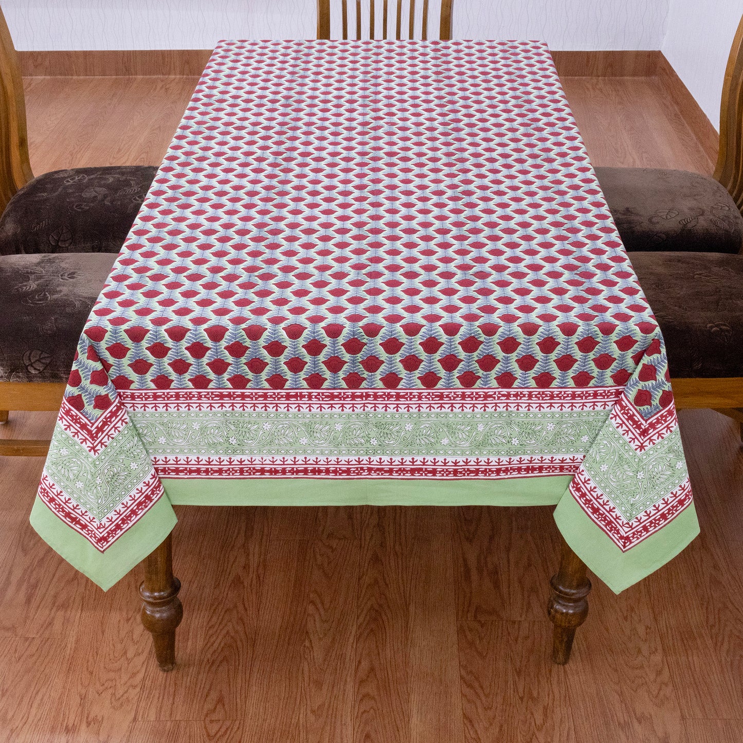 Red and Teal Green Indian Hand Block Floral Printed Tablecloth - My Store